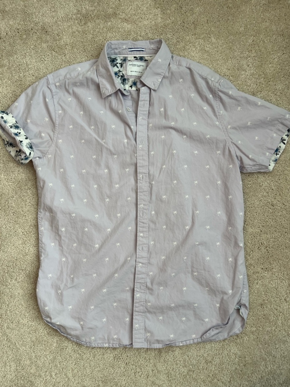 Denim & Flower Lilac Palm Tree Short Sleeve Mens Button Down Tropical Casual